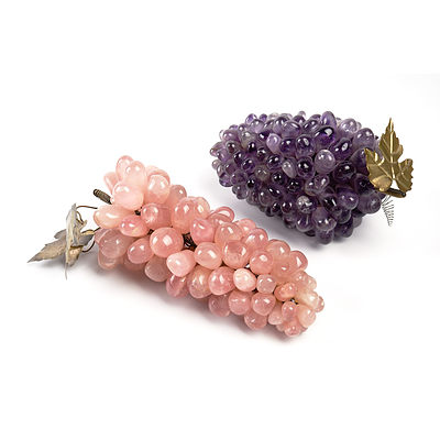 Two Carved Rose Quartz and Amethyst Grape Bunches