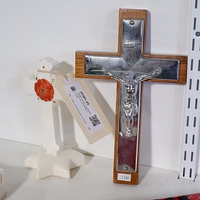 Vintage Wooden and Chrome Crucifix and a Porcelain Crucifix