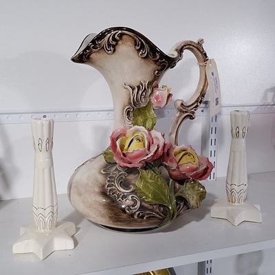 Large Capodimonte Jug with Floral Embellishments and a Pair of Ceramic Candlesticks