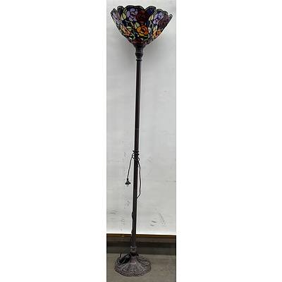 Tiffany Style Metal Standard Lamp With Stained Glass Shade