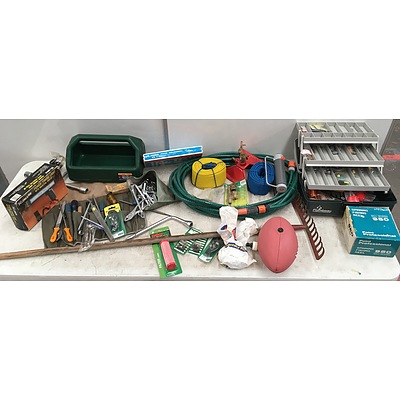 Assorted Fishing Equipment, Gardening And Garage Tools