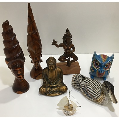 Hand Carved Indonesian Figures, Metal God Deities And Mother Of Pearl Sailboat - Lot Of 7