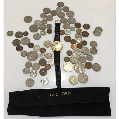 A collection Of Assorted Vintage British, Australian, Brazilian Currency With Le Chord Watch