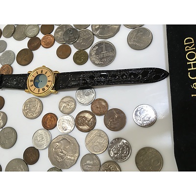 A collection Of Assorted Vintage British, Australian, Brazilian Currency With Le Chord Watch