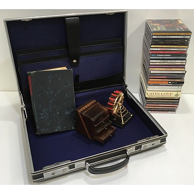 First Edition Portugese To English Dictionary, Assorted Music CDs With Retro Briefcase and Knick Knacks