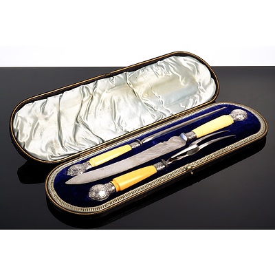 Boxed Sterling Silver, Faux Ivory and Steel Carving Set, English Hallmarks