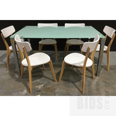 Opaque Glass Topped Dining Table With Chromed Metal Frame And 6 Movex Sven Dining Chairs
