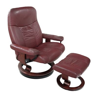 Stressless Maroon Leather Reclining Armchair with Matching Ottoman