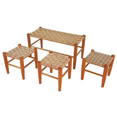 Vintage Stained Pine Bench with Three Matching Stools with Woven Upholstery