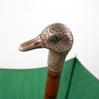 Vintage S. Fox & Co Umbrella with London Hallmarked Silver Mounted Duck Finial and Cover