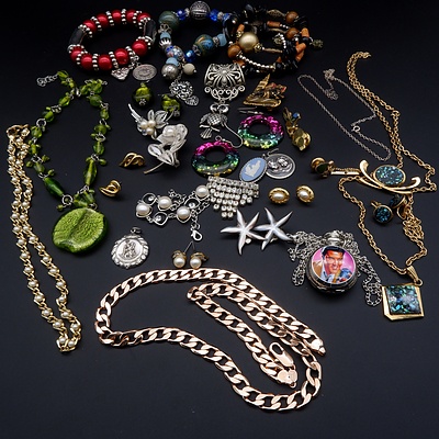Large Collection of Costume Jewellery, Micro Mosaic Paua Shell, Wedgwood Jasperware Pendant, Filagree and Pearl Brooch