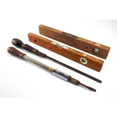 Two Vintage Timber Cased Spirit Levels, Ratchet Screwdriver and Cabinetmakers Screwdriver (4)