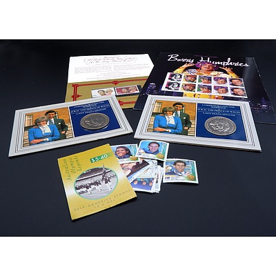 Two Charles and Diana 1981 Crowns, Charles and Diana 1981 Stamp Set, Barry Humphries Stamp Sheet and More