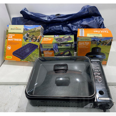 Group of Single Blow up Mattresses, Air Pump, Tent fan & Portable Gas Stove