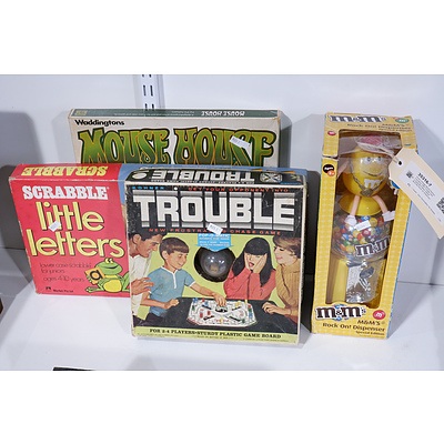 Three Vintage Board Games including 1965 Trouble and a Special Edition Yellow M & Ms Rock on Dispenser
