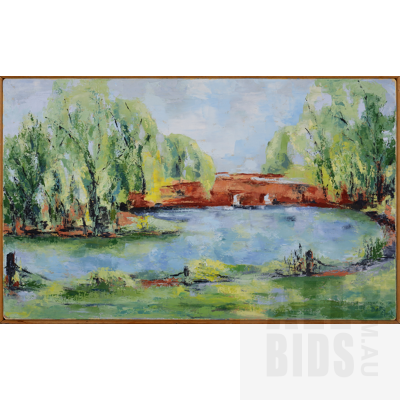 Australian School (20th Century), Untitled (Lake Scene with Willows), Oil on Canvas, 47 x 78 cm