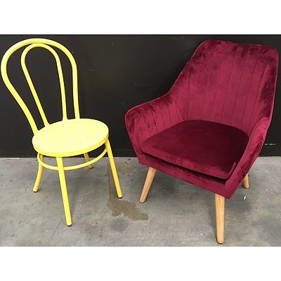 Red MicroSuede Arm Chair And Yellow Metal Chair