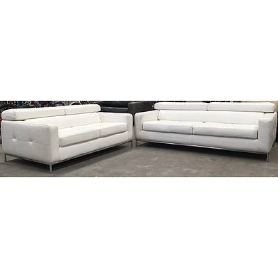 White Leather 2 Seat Lounge Suite - Lot Of Two