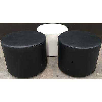 Black And White Round Faux Leather Poufe - Lot Of 3
