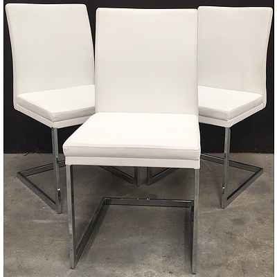 White Faux Leather Cantilever Style Dining Chair - Lot Of Three