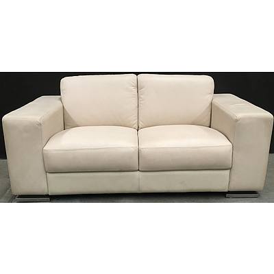 Cream 2 Seat Faux Leather Lounge And Fabric Arm Chair