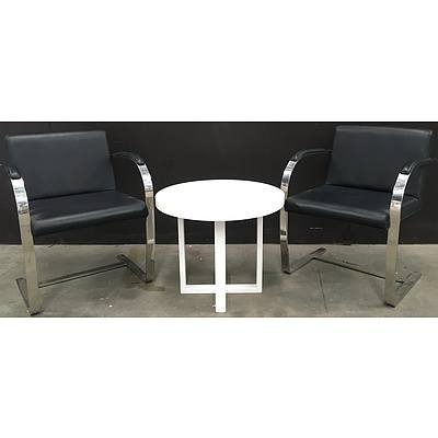 Black Faux Leather Cantilever Style Dining Chair And White Timber Occasional Table  - Lot Of 3