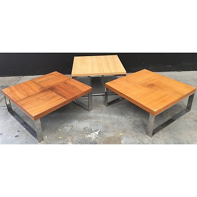 Timber And Chrome Coffee Table  - Lot Of Three