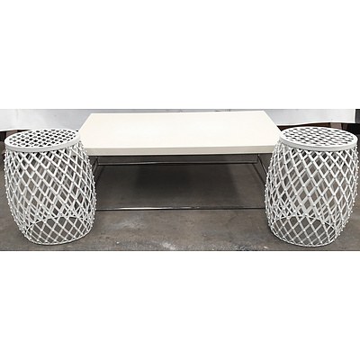 White Laminate And Chrome Framed Coffee Table With Two Diamond Wire Drum Stools - Lot Of Three