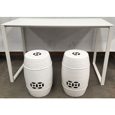 White Painted MDF Table With Metal Frame And Two Metal Drum Stools - Lot Of Three