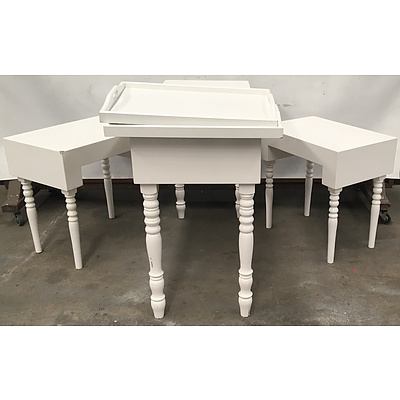 White Laminate Wooden Side Table, Two White Occasional Tables And 2 White Timber Serving Trays On Stands  - Lot Of Seven