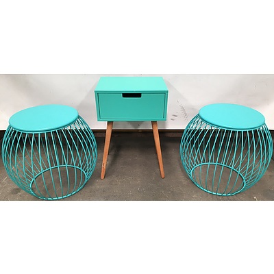 Teal Painted MDF Occasional Table With Teal Round Wire Stools - Lot Of Three
