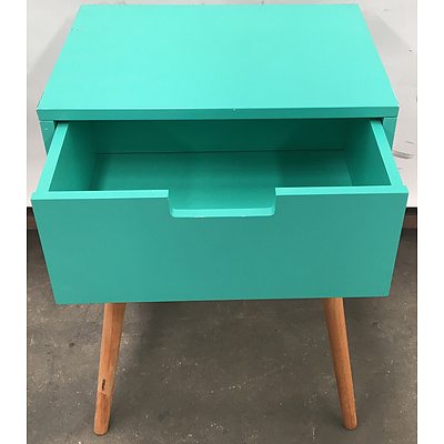 Teal Painted MDF Occasional Table With Teal Round Wire Stools - Lot Of Three
