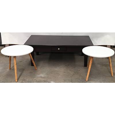 Two White Painted MDF Occasional Tables With Solid Timber Coffee Table - Lot Of Three