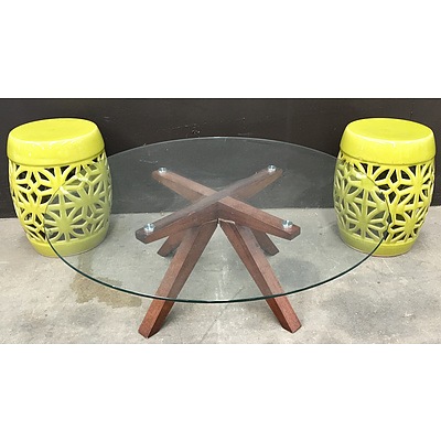 Tempered Glass Coffee Table With Two Green Glazed Ceramic Drum Stools - Lot Of Three