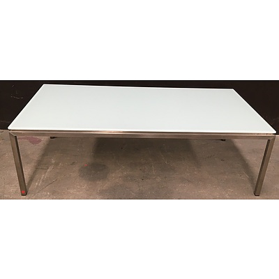 Two Tempered Glass Topped Tables With Brushed Metal Frames And A Brushed Metal Framed Ready To Hang Mirror - Lot Of Three