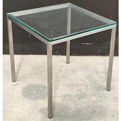 Two Tempered Glass Topped Tables With Brushed Metal Frames And A Brushed Metal Framed Ready To Hang Mirror - Lot Of Three