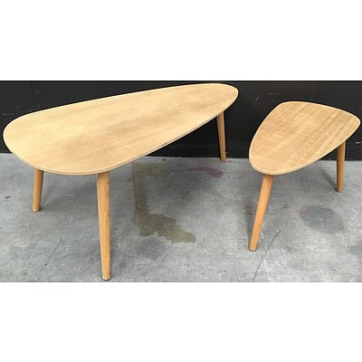 Two Tear Drop Timber Tables And Two Natural Timber Painted Copper Wire Stools - Lot Of Four