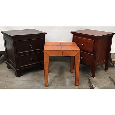 Two Stained Finish Bedside Tables With Faux Leather Finish Occasional Table - Lot Of Three