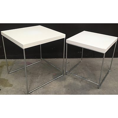 Two Contemporary White Side Tables With Chromed Metal Frame and Large Framed Ready To Hang Art Print - Lot Of Three