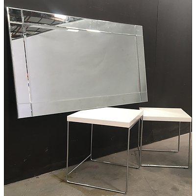 Two Contemporary White Side Tables With Chromed Metal Frame and Large Unframed Ready To Hang Mirror - Lot Of Three