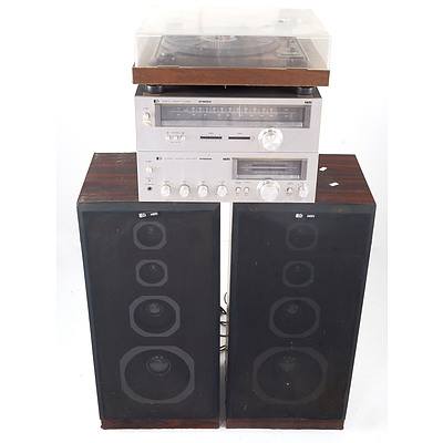 Vintage PYE ST600A Stereo Tuner and PA600A Stereo Power Amplifier with Two PYE SP 30B Speakers and Audiosonic CP-600A Record Player