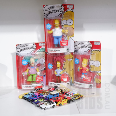 Four Simpsons Collectable Talking Figures Including Bart, Sideshow Bob, Homer and Crusty the Clown and Quantity Matchbox Toy Cars