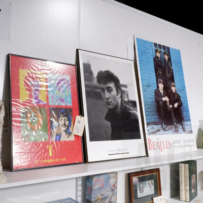 Three Pices of Beatles/ John Lennon Memorabilia Including Framed Beatles CD re;ease Poster, John Lennon Pictre Mounted on Board and Cardbord Promotional Beatles Poster