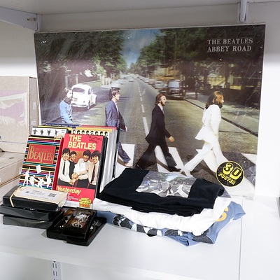 Three New Beatles T Shirts, 3D Poster, 8 Beatles VHS Tapes and 7 New Designer Key Rings