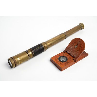 Vintage Leather Bound Brass Telescope and an Eastern Wood Compass and Sundial