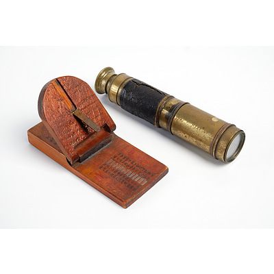 Vintage Leather Bound Brass Telescope and an Eastern Wood Compass and Sundial