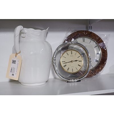 Antique Johnson Bros Washstand Jug, Vintage Seiko Quartz Gold and Silver Mantle Clock and Round Wall Clock With Walnut Surrounds