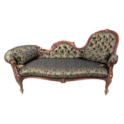 Victorian Walnut Chaise Lounge with Buttoned Brocade Upholstery Circa 1880