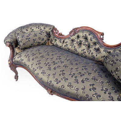 Victorian Walnut Chaise Lounge with Buttoned Brocade Upholstery Circa 1880