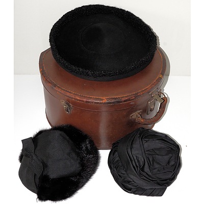 Four Vintage Ladies Hats Including Moray of New York and Leather Hat Box